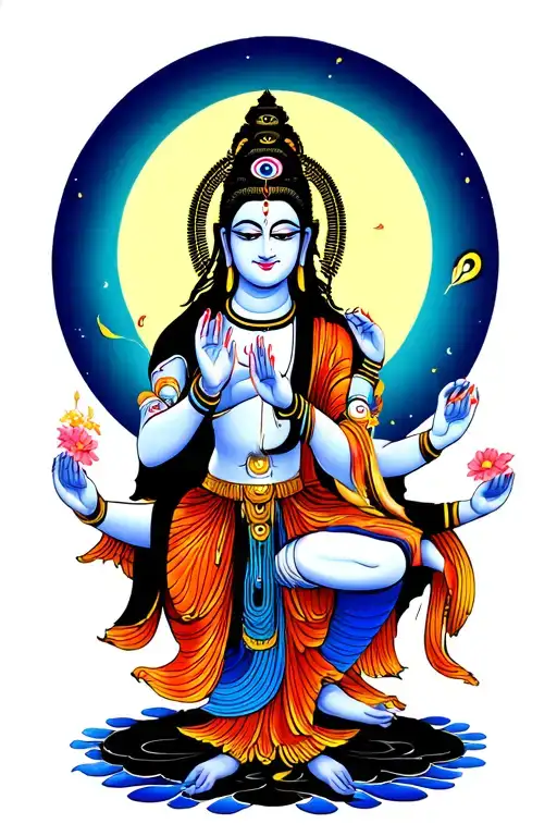 shiva, buddha, and vishnu dance under the moon with a third eye on the forehead tattoo design idea