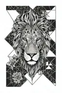 lion head surrounded by geometric line work, Africa, flower tattoo design idea