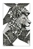 lion head surrounded by geometric line work, Africa, flower tattoo design idea