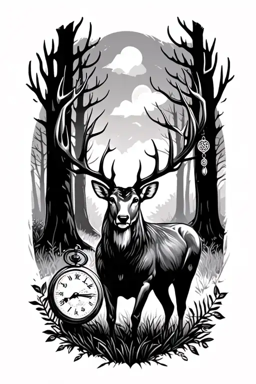 A silhouette of a majestic deer standing in a forest clearing, with a vintage pocket watch hanging from its antlers tattoo design idea