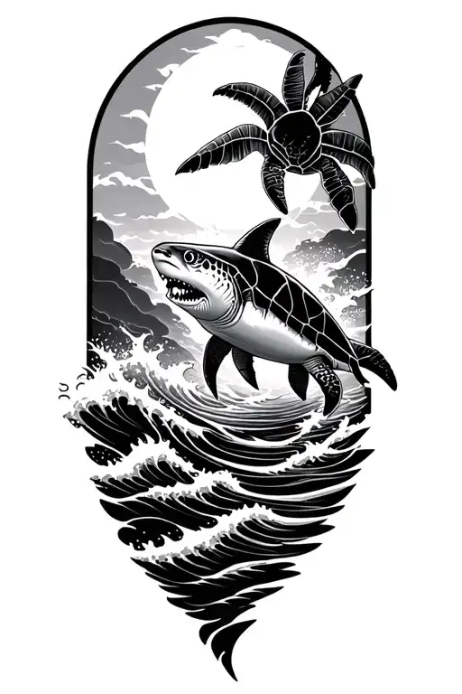 Polynesia, turtle, shark, slope, hected, the sun inside with the waves of the pattern tattoo design idea