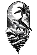 Polynesia, turtle, shark, slope, hected, the sun inside with the waves of the pattern tattoo design idea