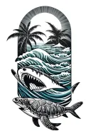 Polynesia, turtle, shark, slope, hected, the sun inside with the waves of the pattern tattoo design idea