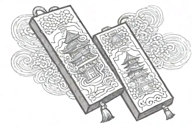 a pagoda coming out of the omamori charm tattoo design idea