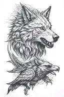 vicious wolf with 2 ravens tattoo design idea