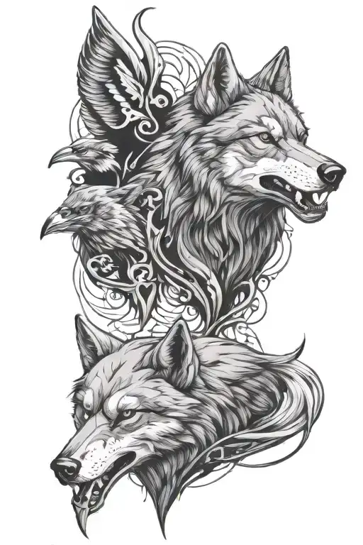 vicious wolf with 2 ravens tattoo design idea