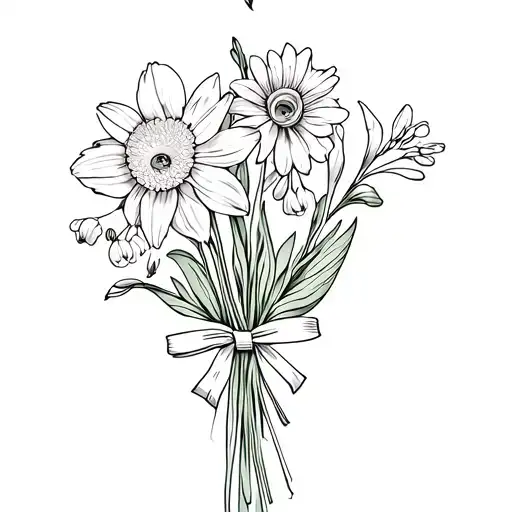 narcissus flower,  & Lilly of the valley flower & a chrysanthemum & aster flower all in a bouquet. stems tied with a bow tattoo design idea