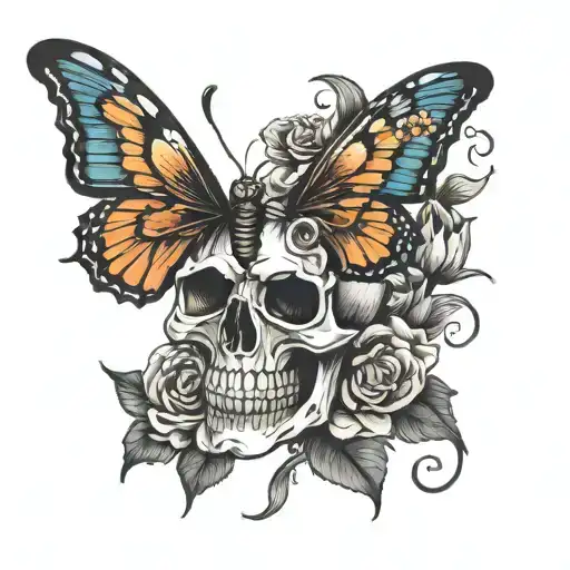 skull and flower butterfly tattoo design idea