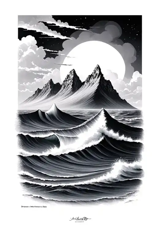 ocean mountains tattoo design idea
