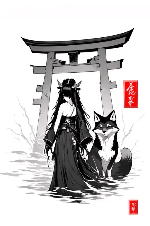 Yūrei with long black hair, sealed in ofuda, floating calmly before cracked torii. Fox spirit beside. One red tag glows. tattoo design idea