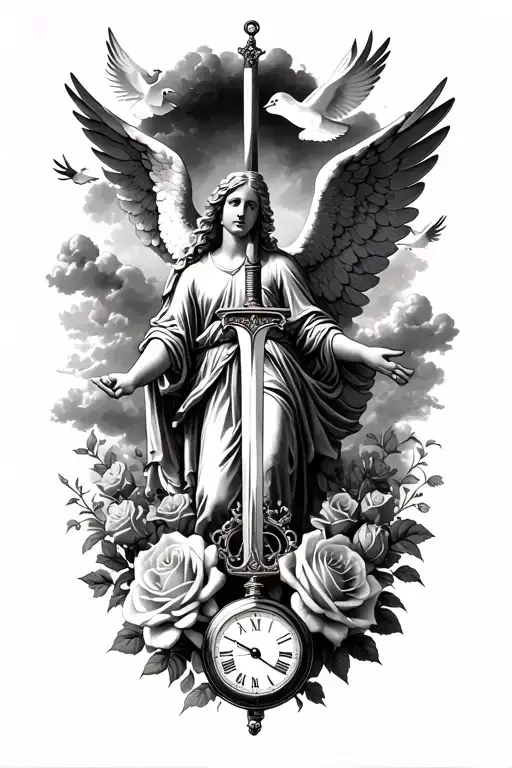 powerful angel with sword, doves, clouds, rays of run, English roses, Roman numb for 30/11/2023 and a small pocket watch tattoo design idea