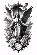 powerful angel with sword, doves, clouds, rays of run, English roses, Roman numb for 30/11/2023 and a small pocket watch tattoo design idea