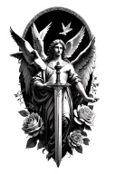 powerful angel with sword, doves, clouds, rays of run, English roses, Roman numb for 30/11/2023 and a small pocket watch tattoo design idea