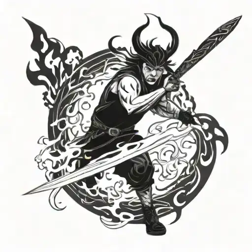 A demon slayer wielding a flaming sword, surrounded by swirling flames tattoo design idea