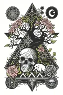 tree,roses,pyramid,waterfall,moon,yinyang,crow,snakes,wales,skull,wheelchair,eyeball,dragon tattoo design idea