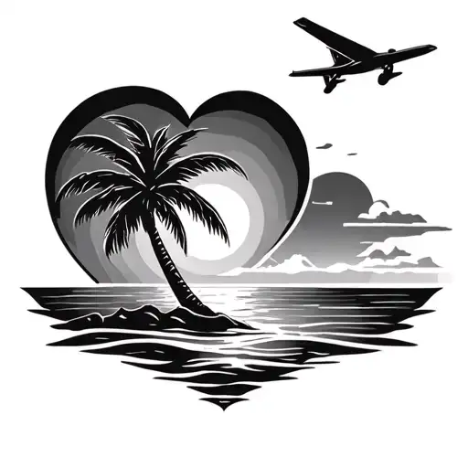 heart beach plane palm tree sun ocean scene tattoo design idea