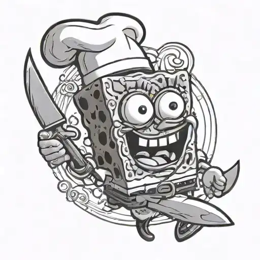 spongebob with chef knife in medievial etching style tattoo design idea