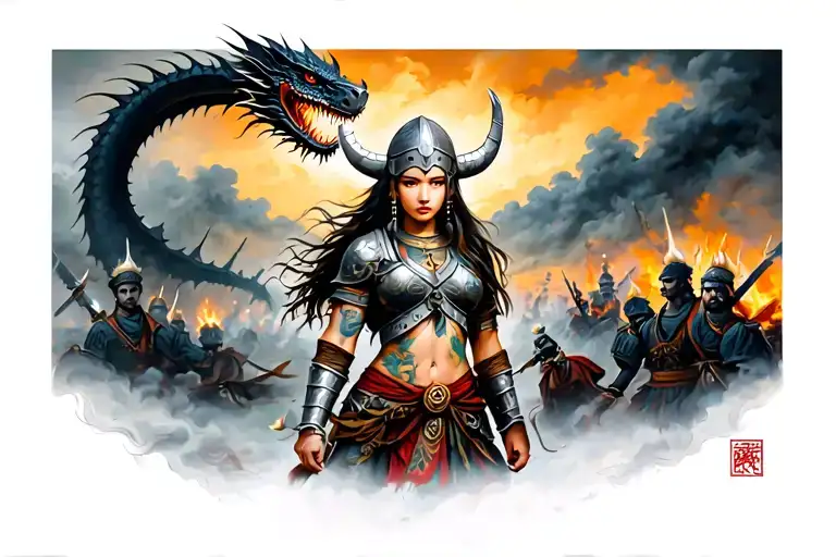 Tattoo of a female viking warrior with a war in the background and a surreal smoky sky with a dragon  tattoo design idea