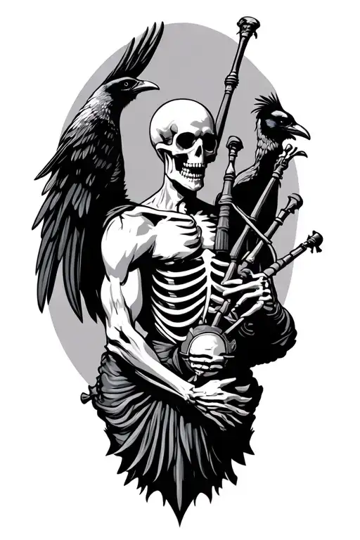 winged muscular skeleton playing bagpipes crows tattoo design idea
