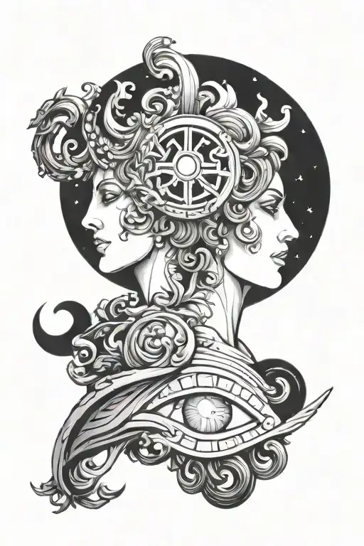 Janus merging with space tattoo design idea