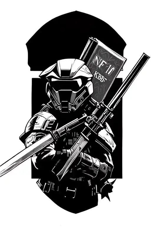 master chief holding the sniper, witcher swords on his back, magic book with initials NNF 10 and KBF 17 tattoo design idea