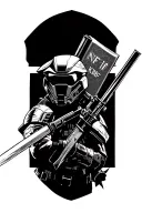 master chief holding the sniper, witcher swords on his back, magic book with initials NNF 10 and KBF 17 tattoo design idea