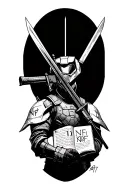 master chief holding the sniper, witcher swords on his back, magic book with initials NNF 10 and KBF 17 tattoo design idea
