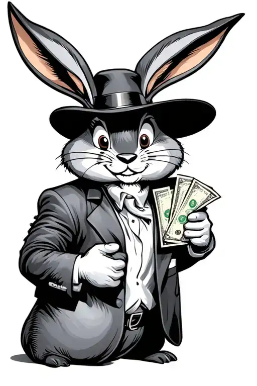 hyper realistic grayscale Bugs bunny in a gangster outfit holding a sack of cash, white background, tattoo design tattoo design idea