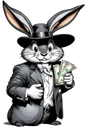 hyper realistic grayscale Bugs bunny in a gangster outfit holding a sack of cash, white background, tattoo design tattoo design idea