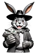 hyper realistic grayscale Bugs bunny in a gangster outfit holding a sack of cash, white background, tattoo design tattoo design idea