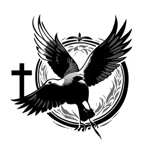 A tattoo representing mourning with a dove that flies away, also with a cross while remaining minimalist tattoo design idea