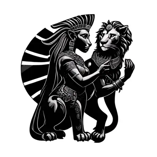 tatoo of the lioness goddesses sekhmet holding a marble galexy tattoo design idea