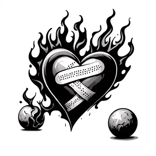 broken heart, bandaid, ball of flames tattoo design idea