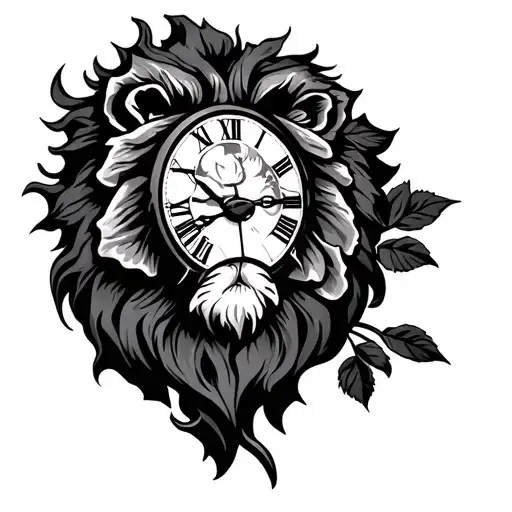 lion rose clock tattoo design idea