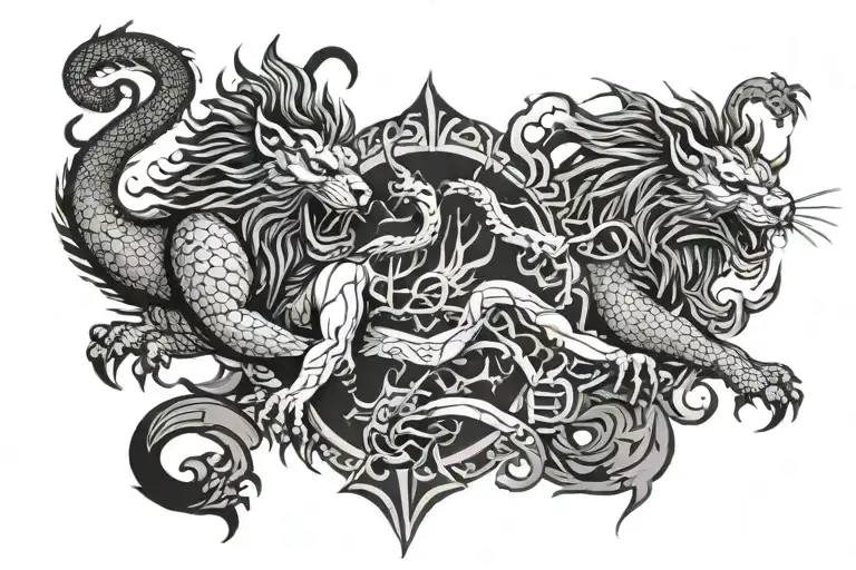 warrior, lions and dragons breathing fire tattoo design idea