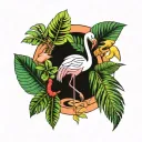 flamingo and cardinal with oak leaf and palm tree tattoo design idea
