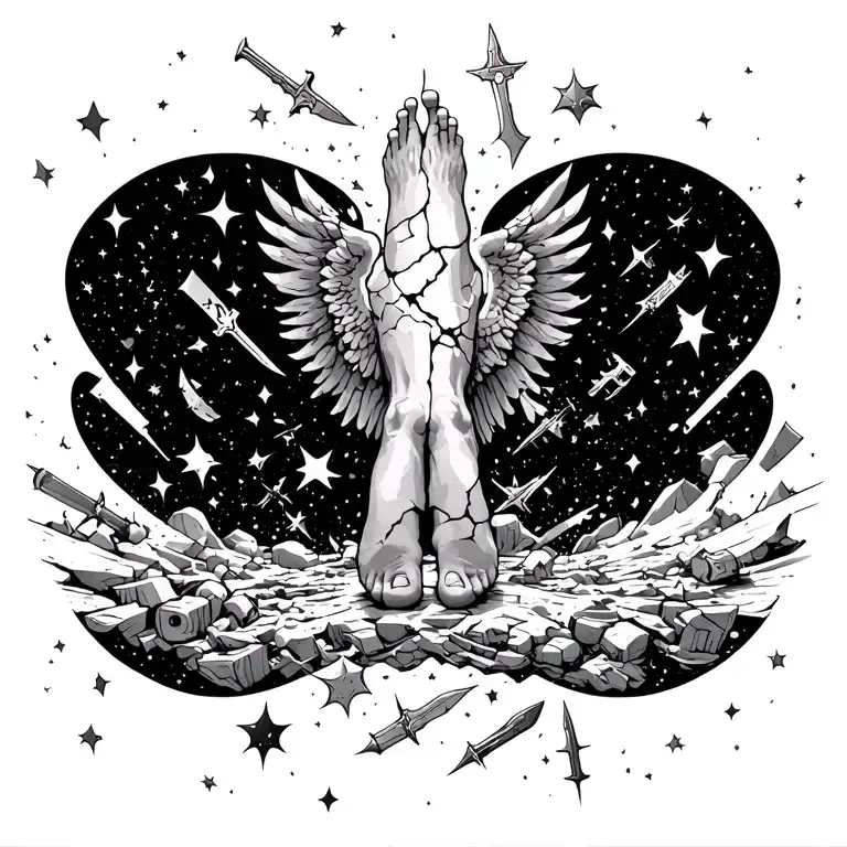 A shattered Olympus floating in space, each god’s weapon scattered in the stars around Atlas' feet tattoo design idea