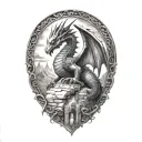 Very realistic stone dragon, soft shadows, smooth transitions, ruins of an ancient castle tattoo design idea