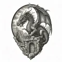 Very realistic stone dragon, soft shadows, smooth transitions, ruins of an ancient castle tattoo design idea