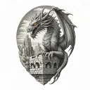 Very realistic stone dragon, soft shadows, smooth transitions, ruins of an ancient castle tattoo design idea