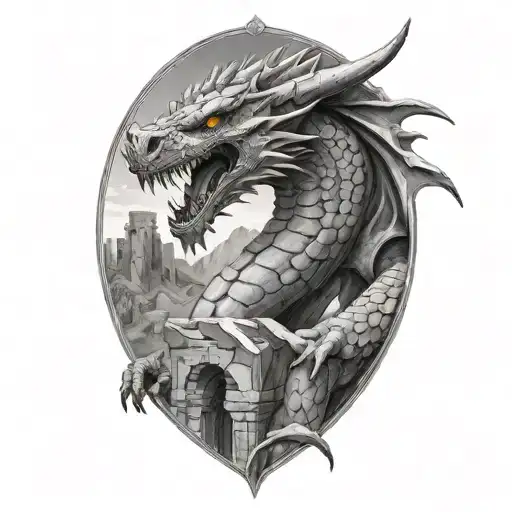 Very realistic stone dragon, soft shadows, smooth transitions, ruins of an ancient castle tattoo design idea