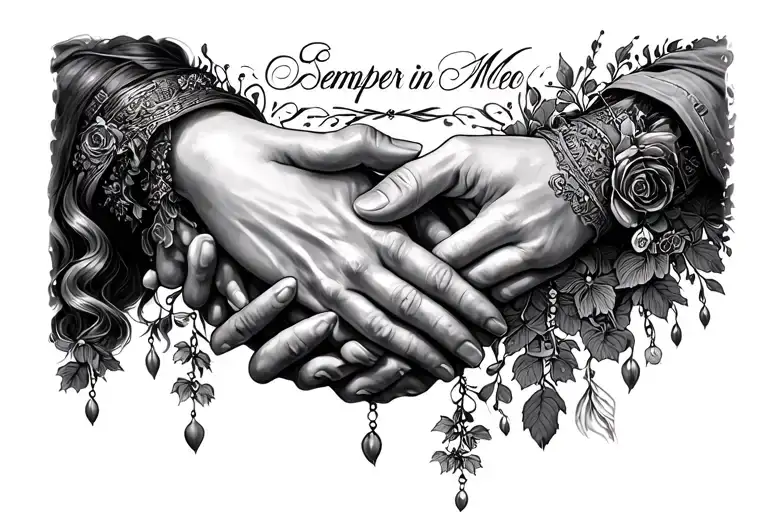 sister and younger brother hold the hands of the inscription Semper in Corde Meo tattoo design idea