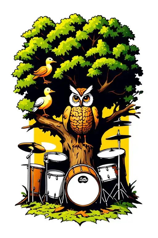 an owl and duck in a tree with a drum kit under the tree a brain carved into the trunk of the tree tattoo design idea