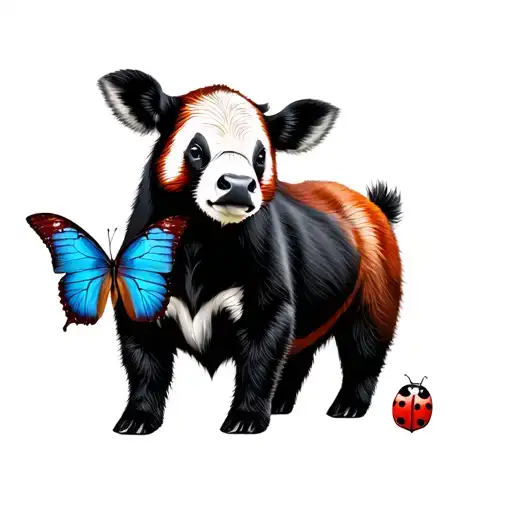 cow, ladybug, blue butterfly, red panda tattoo design idea
