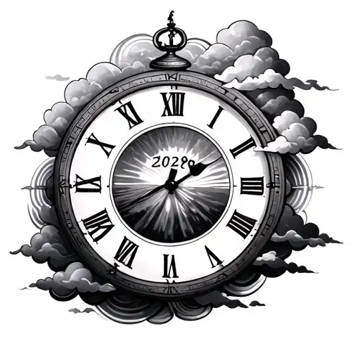 CLOCK TATTOO WITH TIME SET TO 2:22 WITH THE YEAR 2019 IN THE CENTER WITH CLOUDS WEAVING THROUGH IT tattoo design idea
