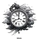 CLOCK TATTOO WITH TIME SET TO 2:22 WITH THE YEAR 2019 IN THE CENTER WITH CLOUDS WEAVING THROUGH IT tattoo design idea