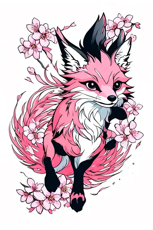 pink nine tailed fox running with cherry blossom flowers surrounding tattoo design idea
