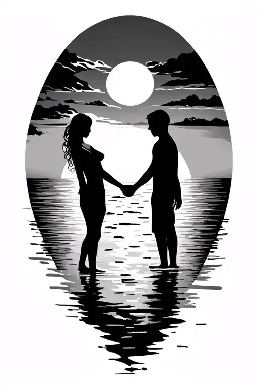 sunset beach scheme black sillhouete.  Girl, Man, Boy holding hands. tattoo design idea