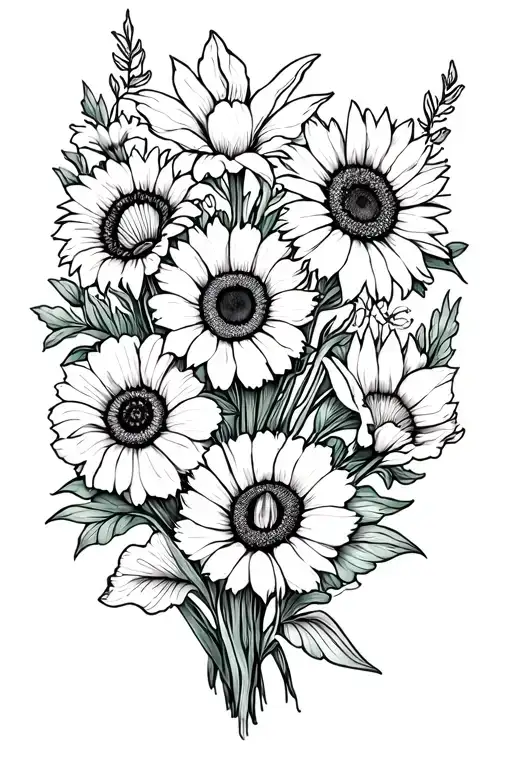 Black and white line drawing hip and upper thigh tattoo with Sunflowers, poppies, iris, violet, honeysuckle, daffodils,  tattoo design idea