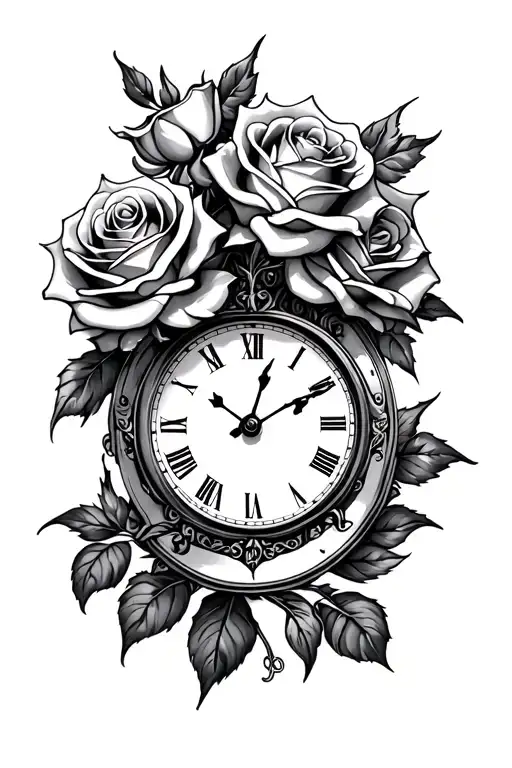 roses with clock embedded within tattoo design idea
